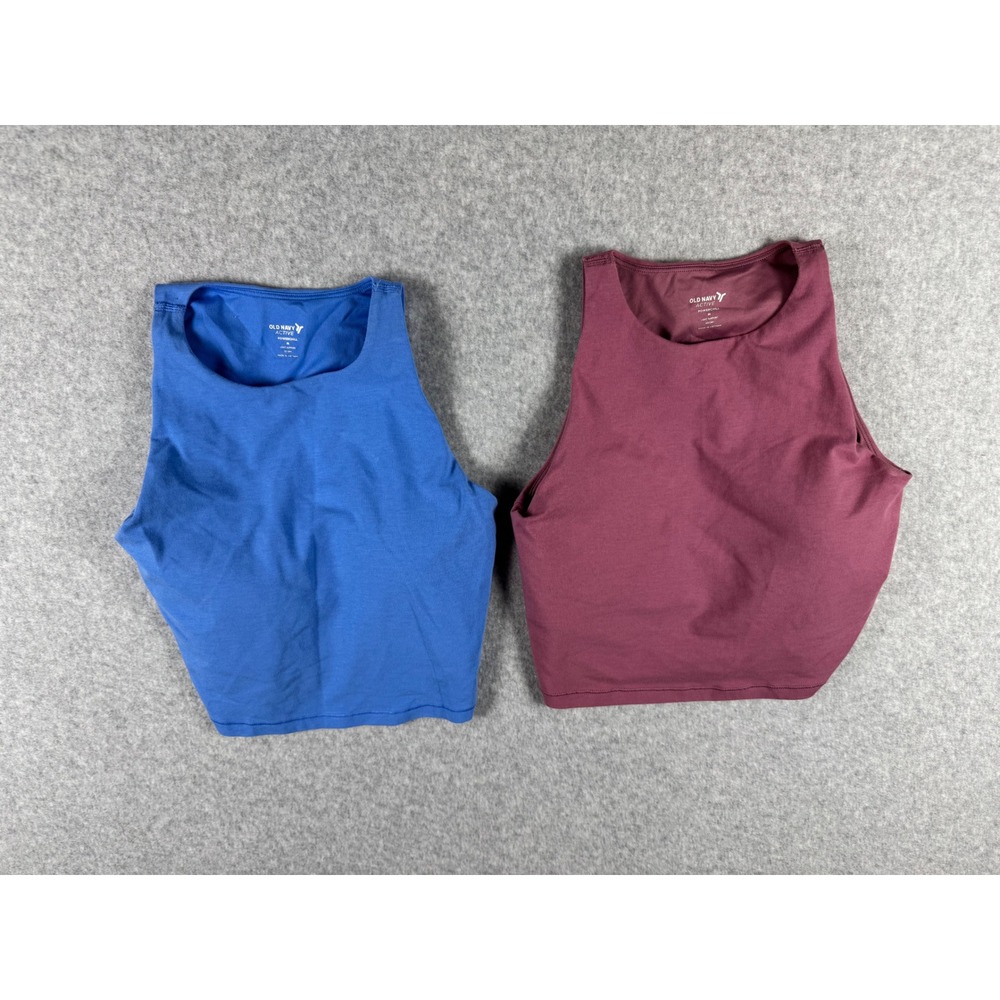 Old Navy Active PowerChill High Neck Longline Sports Bra Tank 2Pk Blue Burgundy